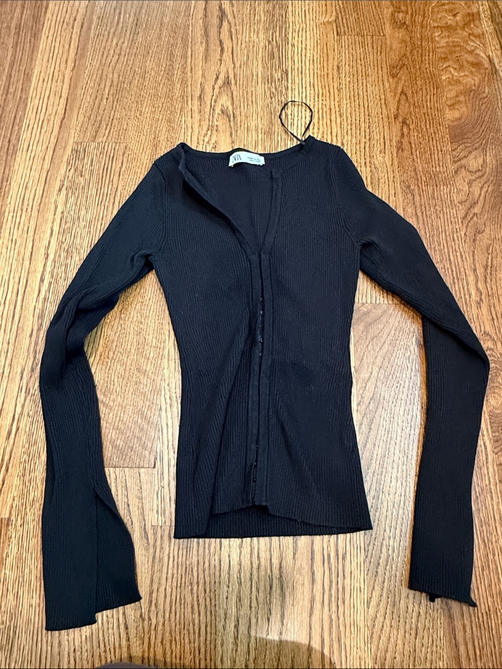 Zara Black Ribbed Long-Sleeve Button Front Top